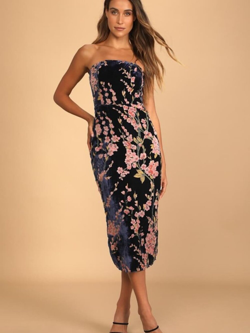 Lulus "Bloom In Mind" velvet strapless midi dress SZ XL 65% Rayon 35% Nylon